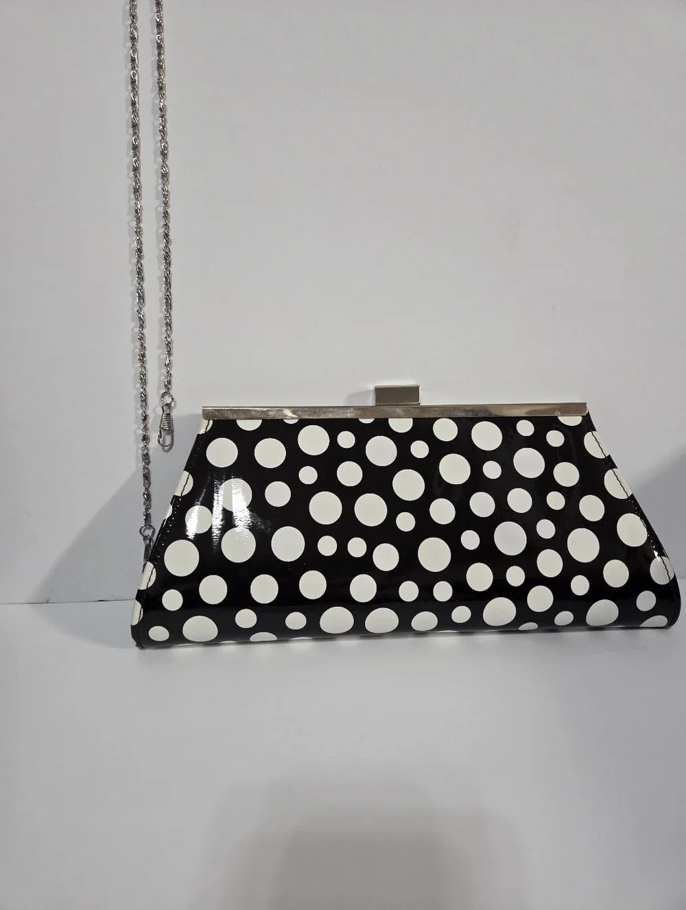 Neiman Marcus Black White Polka Dot Patent Clutch Purse With Chain Strap
